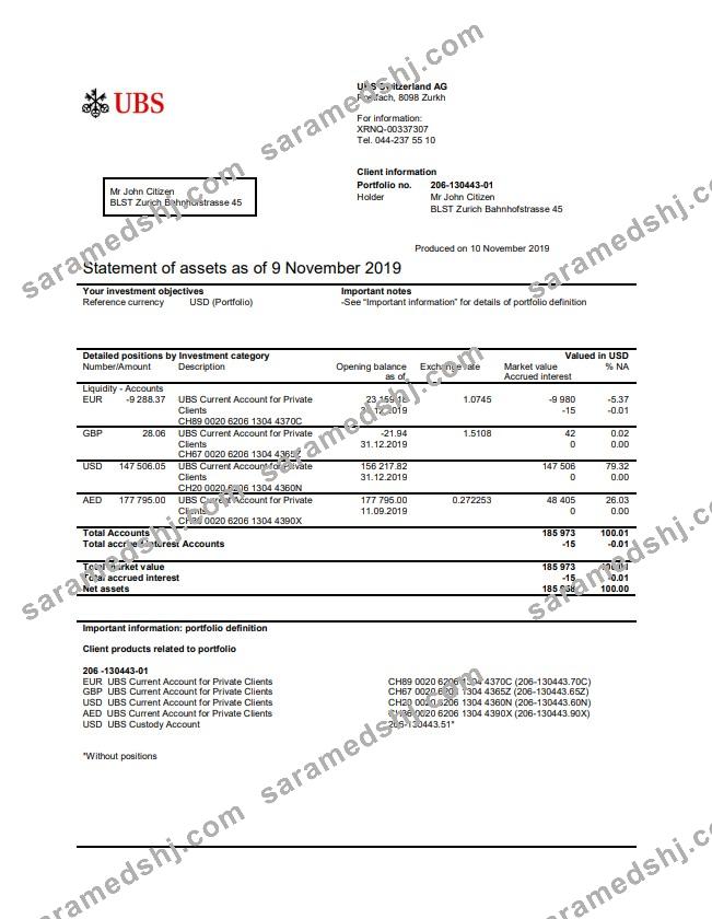 Switzerland UBS bank statement template in Word and PDF format, version 2